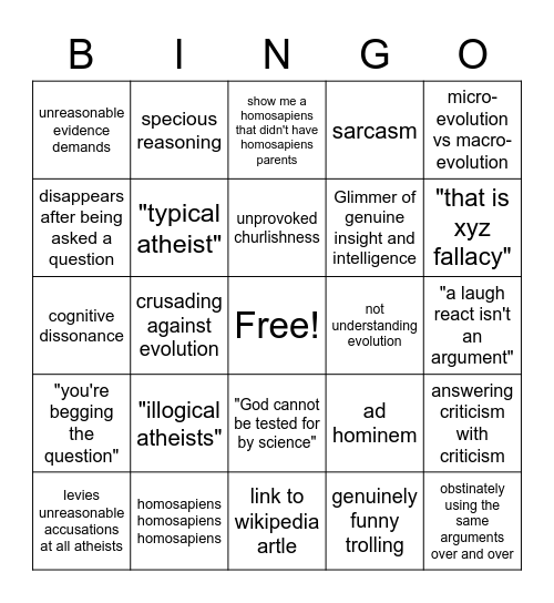 Tim Myers Bingo Card