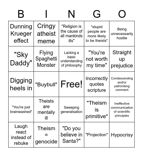 Shitty Atheist Bingo Card