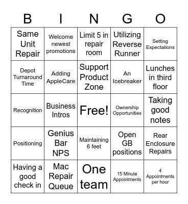 Genius Bar Meeting Bingo Card