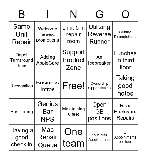 Genius Bar Meeting Bingo Card