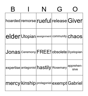 Giver Vocabulary  Bingo Card