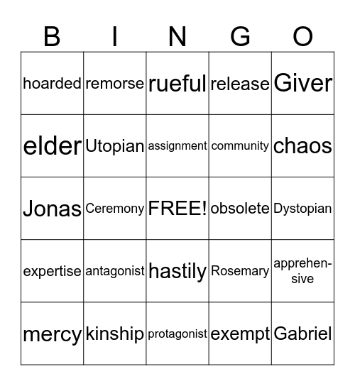 Giver Vocabulary  Bingo Card