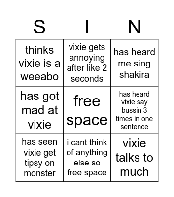 vixies bingo Card