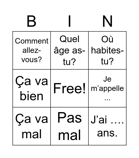 French questions and answers Bingo Card