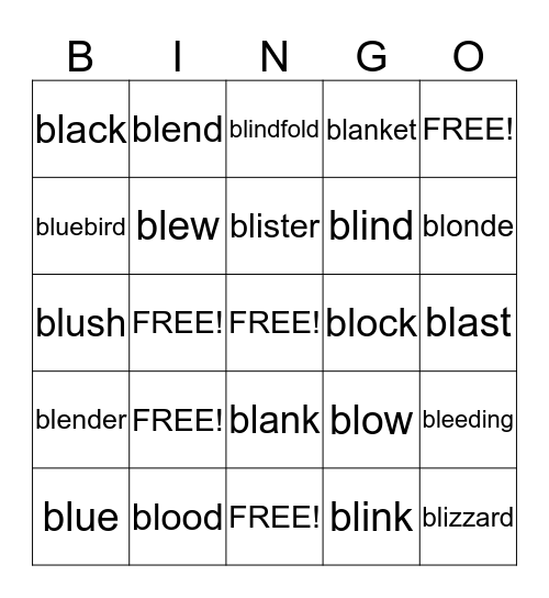 Bl words Bingo Card