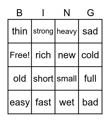 Opposites Bingo Card