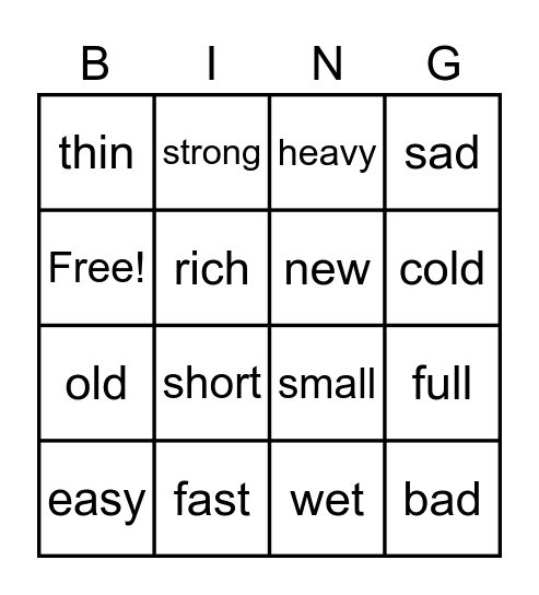 Opposites Bingo Card