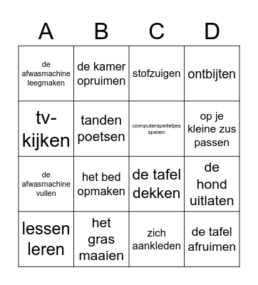 Klusjes/Corvees Bingo Card