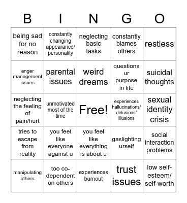 mental health issues bingo Card
