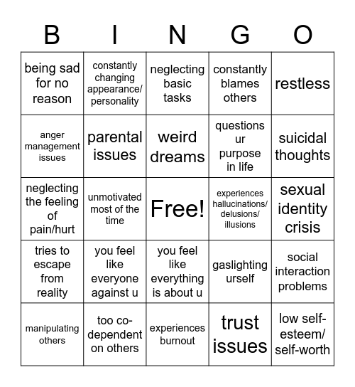 mental health issues bingo Card