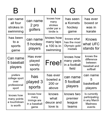 Sports BINGO Card