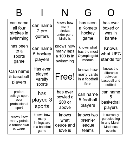 Sports BINGO Card