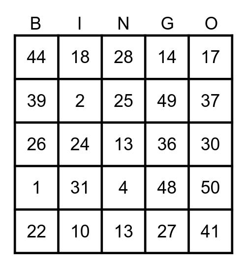 Números 1 a 50 Bingo Card