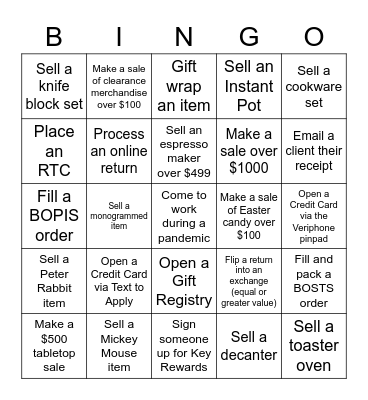 Williams- Sonoma Bingo Card