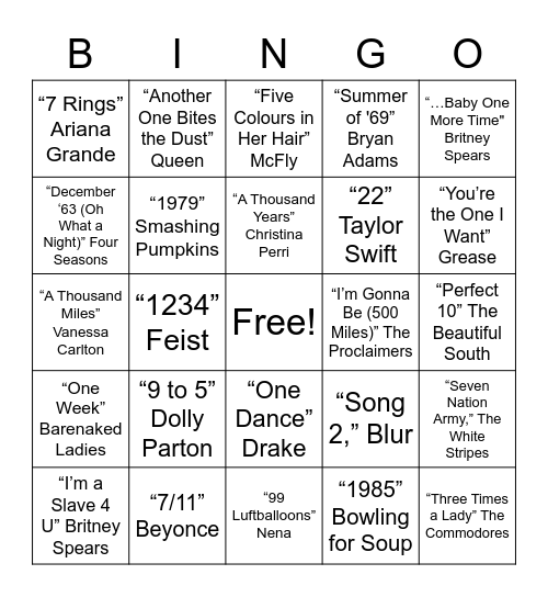 Round 2: Songs with Numbers in the Title Bingo Card