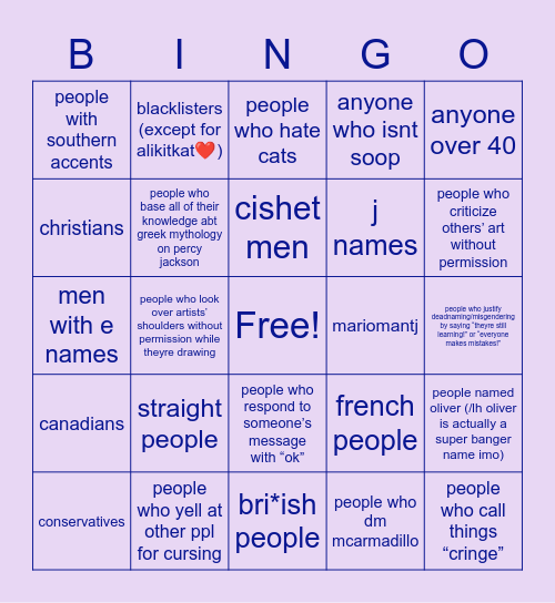 amber’s list of people she hates!! /lh (bingo edition) Bingo Card