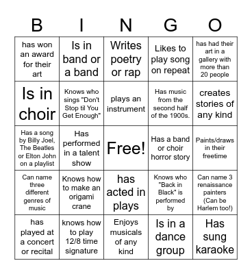 Art and Music BINGO Card