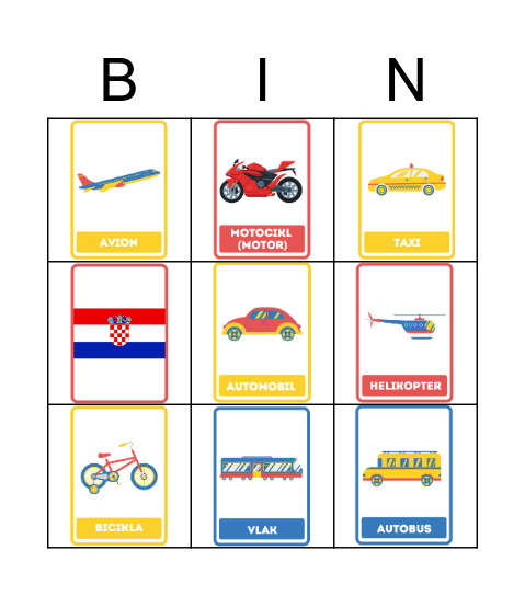 Vehicles Bingo Card