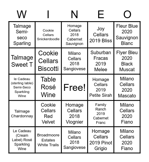Wine-O Bingo Card