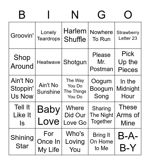 Motown Hits Bingo Card