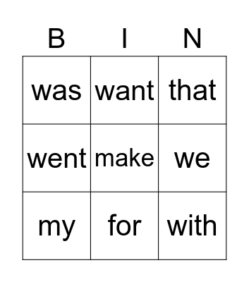 Sight Words Bingo Card