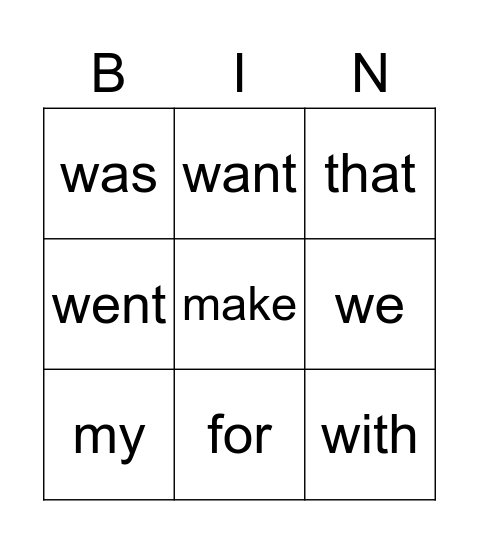 Sight Words Bingo Card