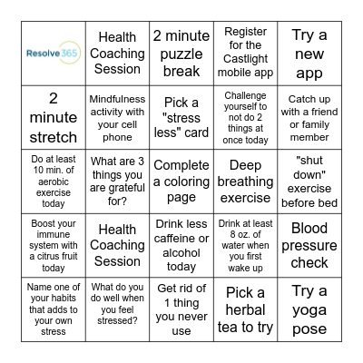 Stress Awareness Month Bingo Card