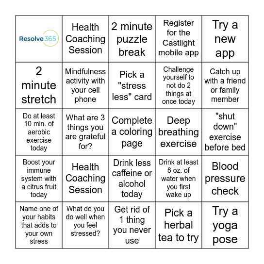 Stress Awareness Month Bingo Card