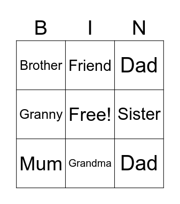 Family Members Bingo Card