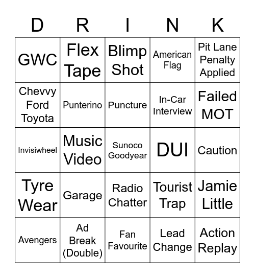 NASCAR Bingo Card