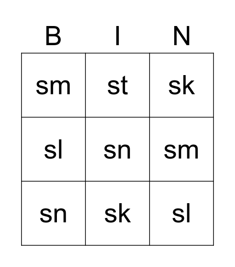 S Consonant Blends Bingo Card