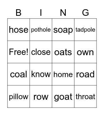 Long O Bingo Card