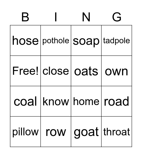 Long O Bingo Card