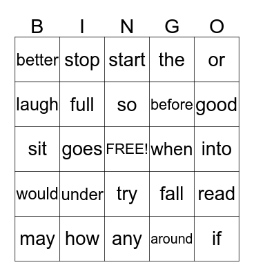 Sight Word Bingo Card