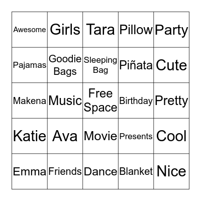 Sleepover Bingo Card