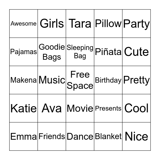 Sleepover Bingo Card