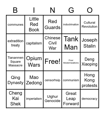 Communist China Exam Bingo Card