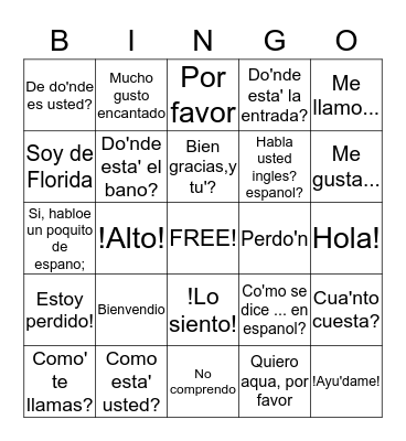 Helpful Spanish Phrases Bingo Card