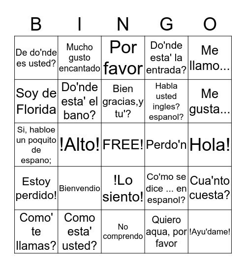 Helpful Spanish Phrases Bingo Card