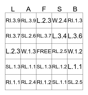 Language Arts Florida Standards Bingo Card