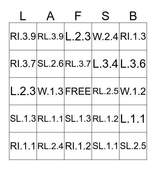 Language Arts Florida Standards Bingo Card