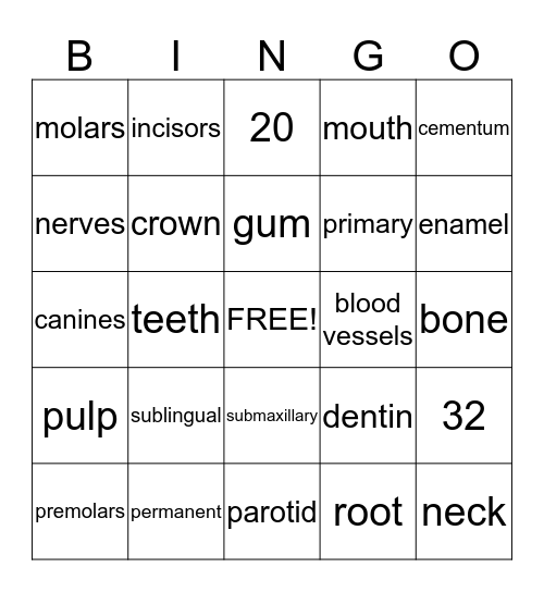MOUTH/TEETH Bingo Card