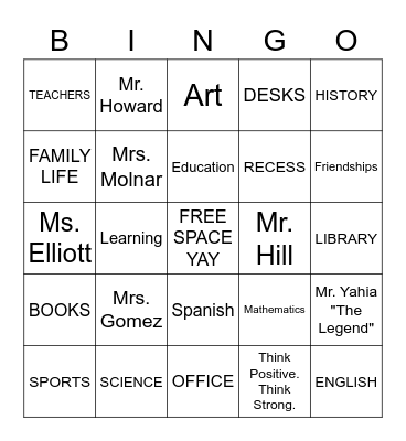 SCHOOL Bingo Card