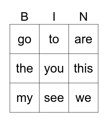 Sight words Bingo Card