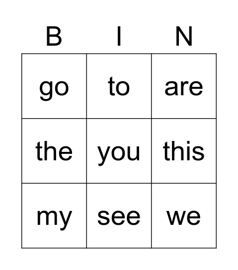 Sight words Bingo Card