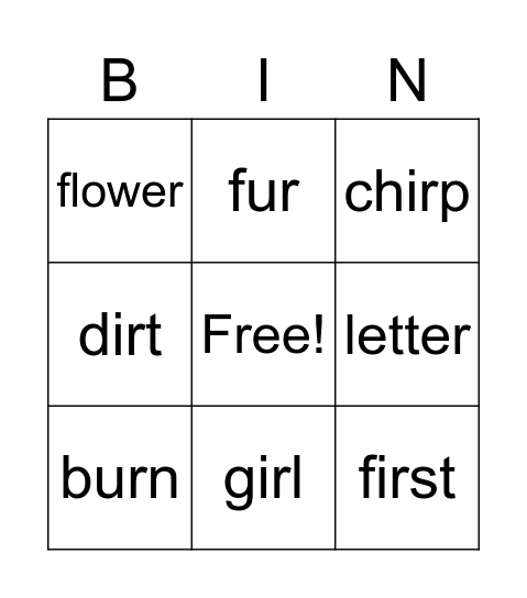 Unscramble -er, -ir, -ur words Bingo Card