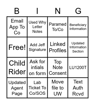 Intake BINGO Card