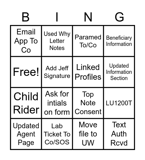 Intake BINGO Card