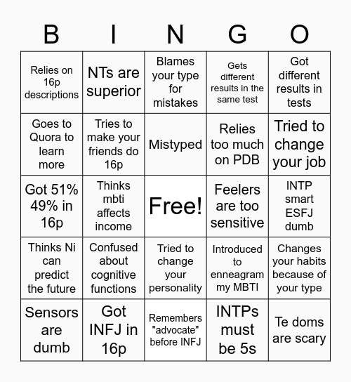 MBTI newbie bingo Card