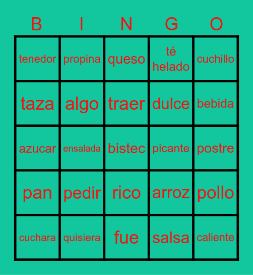 Restaurante Vocab Bingo Card